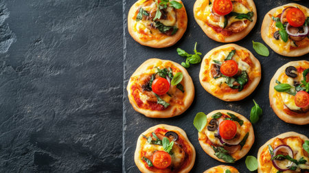 A delicious spread of mini festival pizzas with unique toppings, top view, copy space, no peopleの素材