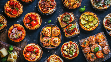 A delicious spread of mini festival pizzas with unique toppings, top view, copy space, no peopleの素材