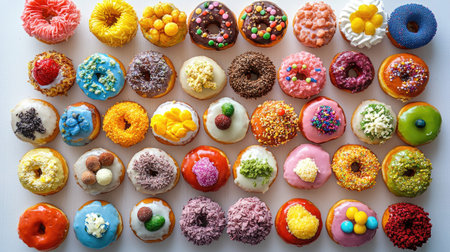 A variety of festival donuts with creative toppings and glazes, top view, copy space, no peopleの素材