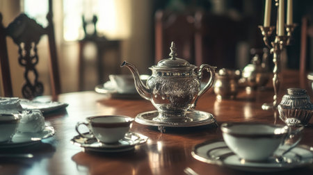 Antique silver tea set on a formal dining table, no people, open space for textの素材