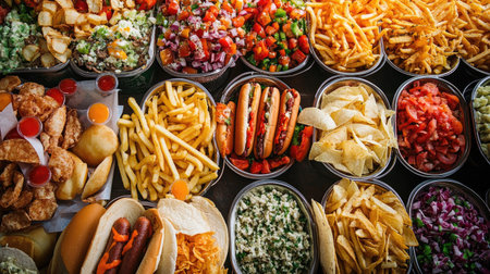 A vibrant display of festival street food including hot dogs, fries, and nachos, top view, copy space, no peopleの素材