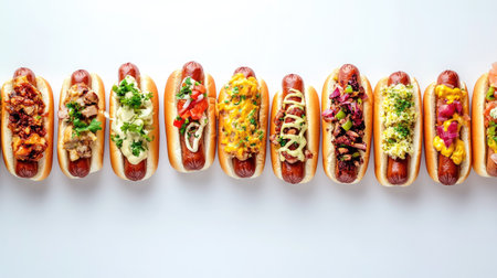 A variety of street food-style hot dogs with unique toppings, top view, copy space, no peopleの素材