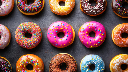 Assorted festival donuts with vibrant glazes and sprinkles, top view, copy space, no peopleの素材