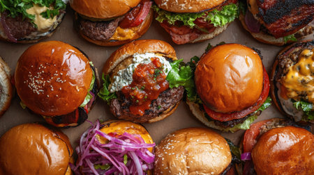 A variety of gourmet festival burgers with unique toppings, top view, copy space, no peopleの素材