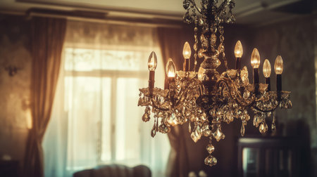 Classic chandelier hanging in a vintage living room, no people, open space for copy textの素材