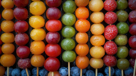 A vibrant array of fruit skewers with colorful pieces, perfect for a festival, top view, copy space, no peopleの素材