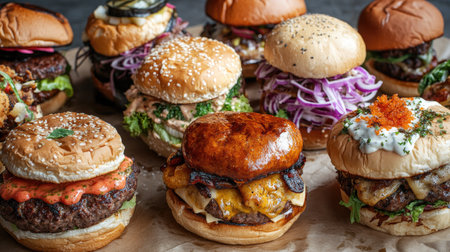 A variety of gourmet festival burgers with unique toppings, top view, copy space, no peopleの素材