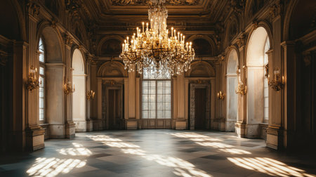 Antique chandelier in a grand hallway, no people, ample copy space for textの素材
