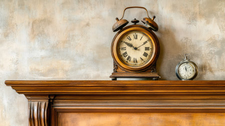 Antique clock resting on a wooden mantel, no people, ample copy space availableの素材