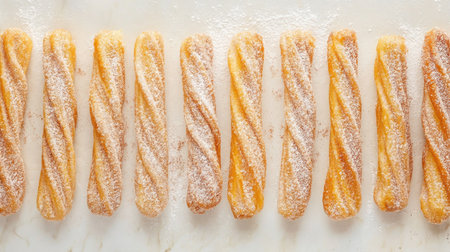 Churros dusted with sugar and cinnamon arranged in a row on parchment, top view, copy space, no peopleの素材