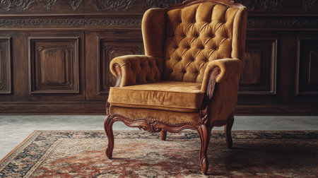 Classic armchair in a cozy, vintage interior with a rug, no people, ample space for textの素材