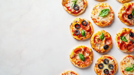 Assorted mini festival pizzas with creative toppings, top view, copy space, no peopleの素材