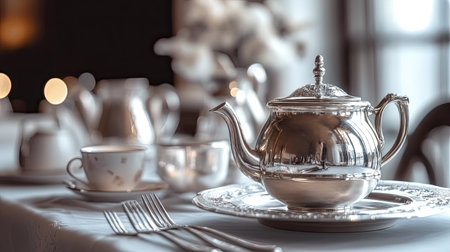 Antique silver tea set on a formal dining table, no people, open space for textの素材