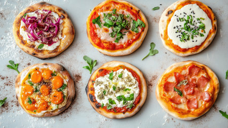 Assorted mini festival pizzas with creative toppings, top view, copy space, no peopleの素材