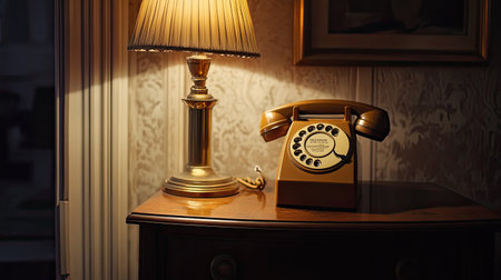 Classic rotary dial phone on a vintage side table, no people, with space for textの素材
