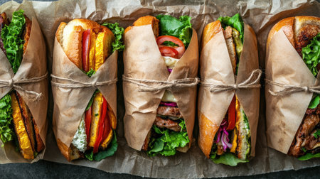 Assorted gourmet sandwiches wrapped in parchment paper, perfect for a festival, top view, copy space, no peopleの素材