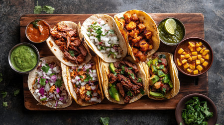 Assorted festival tacos with beef, chicken, and fresh veggies, top view, copy space, no peopleの素材