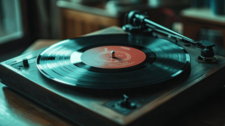 Classic gramophone with a vinyl record on a wooden table, no people, ample space for copy textの素材
