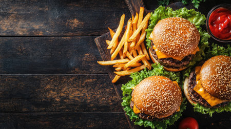 Classic festival burgers with lettuce, cheese, and tomato, served with fries, top view, copy space, no peopleの素材