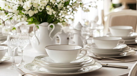 Classic porcelain dinnerware set on a formal dining table, no people, with room for copy textの素材