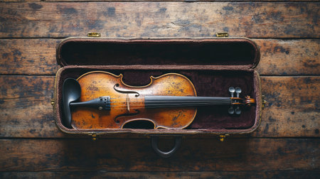 Classic violin case resting on a vintage wooden table, no people, open space for copy textの素材