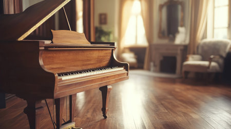 Classic wooden piano in an elegant vintage room, no people, open space for textの素材