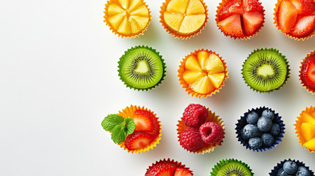 Colorful festival fruit cups with a variety of fresh fruit, top view, copy space, no peopleの素材