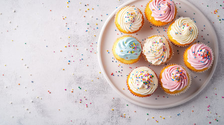 Colorful festival cupcakes with sprinkles and frosting on a white plate, top view, copy space, no peopleの素材