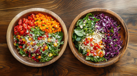 Colorful festival salads with fresh ingredients on wooden plates, top view, copy space, no peopleの素材