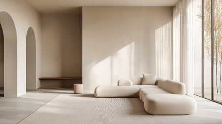 Contemporary living room with minimalist decor and stylish furniture, no people, open space for textの素材