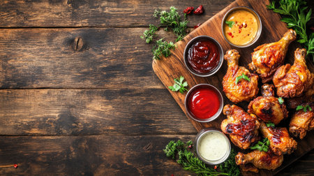 Crispy festival fried chicken with sauces on a rustic table, top view, copy space, no peopleの素材