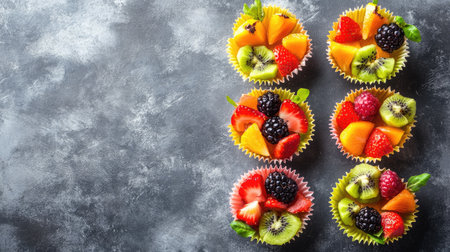 Colorful festival fruit cups with a variety of fresh fruit, top view, copy space, no peopleの素材