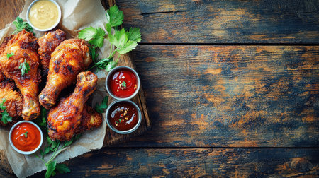 Crispy festival fried chicken with sauces on a rustic table, top view, copy space, no peopleの素材