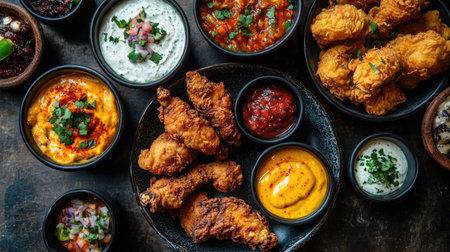 Crispy chicken tenders served with various dips at a festival, top view, copy space, no peopleの素材