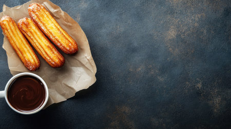 Crispy churros with chocolate sauce, a festival favorite, top view, copy space, no peopleの素材