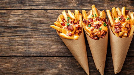 Crispy festival fries with cheese and bacon toppings, served in paper cones, top view, copy space, no peopleの素材