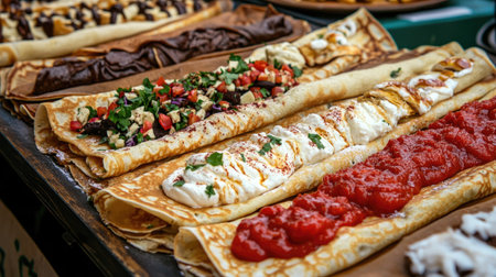 Crapes with different fillings and toppings laid out on a festival stall, top view, copy space, no peopleの素材