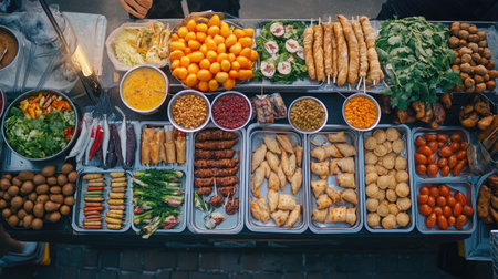 Festival food stall scene with a variety of street food snacks, top view, copy space, no peopleの素材
