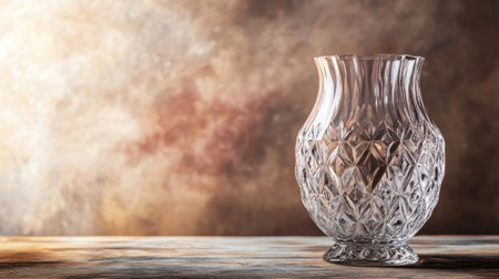 Elegant crystal vase on a vintage wooden table, no people, ample copy space availableの素材