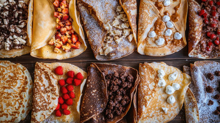 Crapes with different fillings and toppings laid out on a festival stall, top view, copy space, no peopleの素材