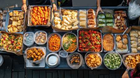 Festival food stall scene with a variety of street food snacks, top view, copy space, no peopleの素材