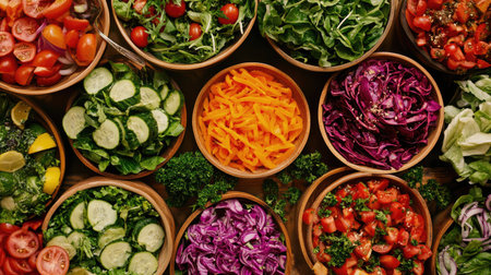 Fresh festival salads with a variety of vibrant ingredients, top view, copy space, no peopleの素材