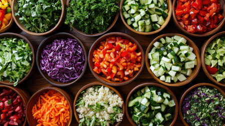 Fresh festival salads with a variety of vibrant ingredients, top view, copy space, no peopleの素材