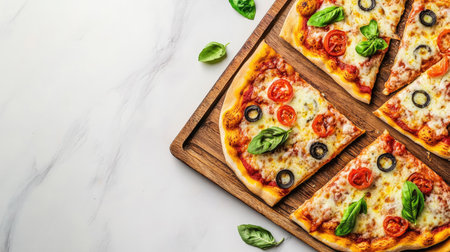 Freshly baked festival pizza slices on wooden trays, top view, copy space, no peopleの素材