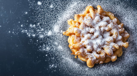 Freshly fried funnel cakes dusted with powdered sugar, top view, copy space, no peopleの素材