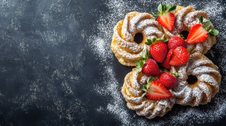 Funnel cakes with powdered sugar and strawberries, festival food, top view, copy space, no peopleの素材