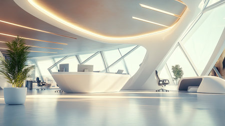 Futuristic office with clean lines and natural light, no people, room for copy textの素材