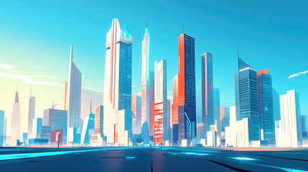 Futuristic cityscape with tall skyscrapers and modern architecture, no people, ample copy spaceの素材