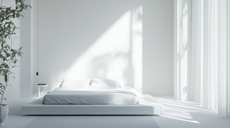 Minimalist bedroom with clean lines and modern furniture, no people, space for copy textの素材