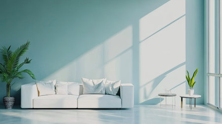Modern living room with clean lines and sleek furniture, no people, room for copy textの素材